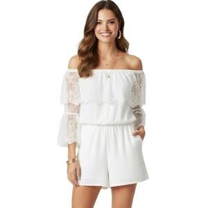 Thalia Sodi Off The Shoulder Lace Trim Romper Bright White NWT Size M